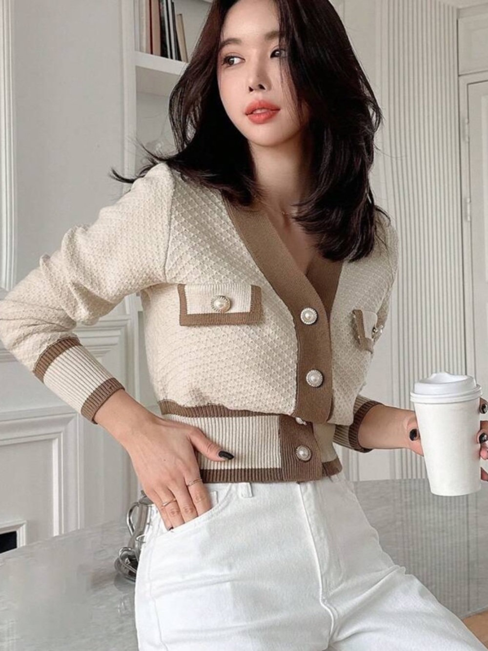 Cropped Knit Cardigan with Contrast Trim - Beige & Brown